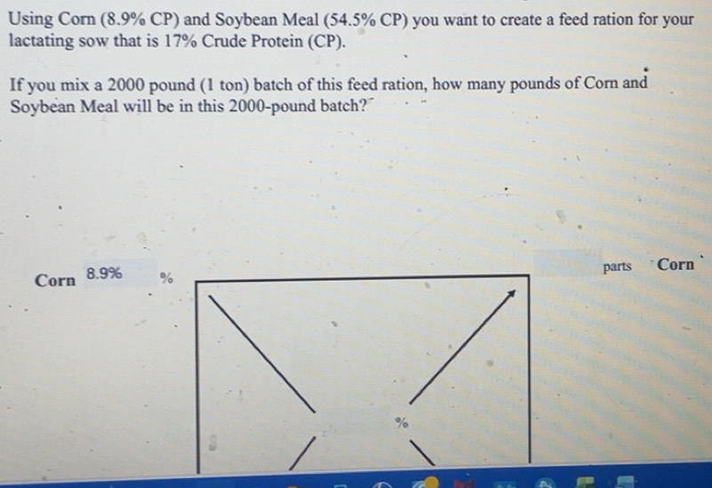 Solved: Using Corn (8.9% CP) and Soybean Meal (54.5% CP) you want to ...