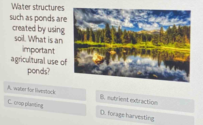 Water structures
such as ponds are
created by using
soil. What is an
important
agricultural use of
ponds?
A. water for livestock B. nutrient extraction
C. crop planting D. forage harvesting