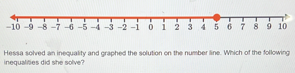 -10 -9 -8 -7 -6 -5 -4 -3 -2 -1 0 1 2 3 4 5 6 7 8 9 10
Hessa solved an inequality and graphed the solution on the number line. Which of the following 
inequalities did she solve?