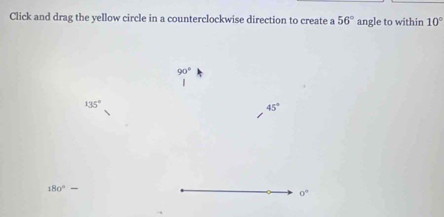 Click and drag the yellow circle in a counterclockwise direction to create a 56° angle to within 10°
90°
135°
45°
180°
0°