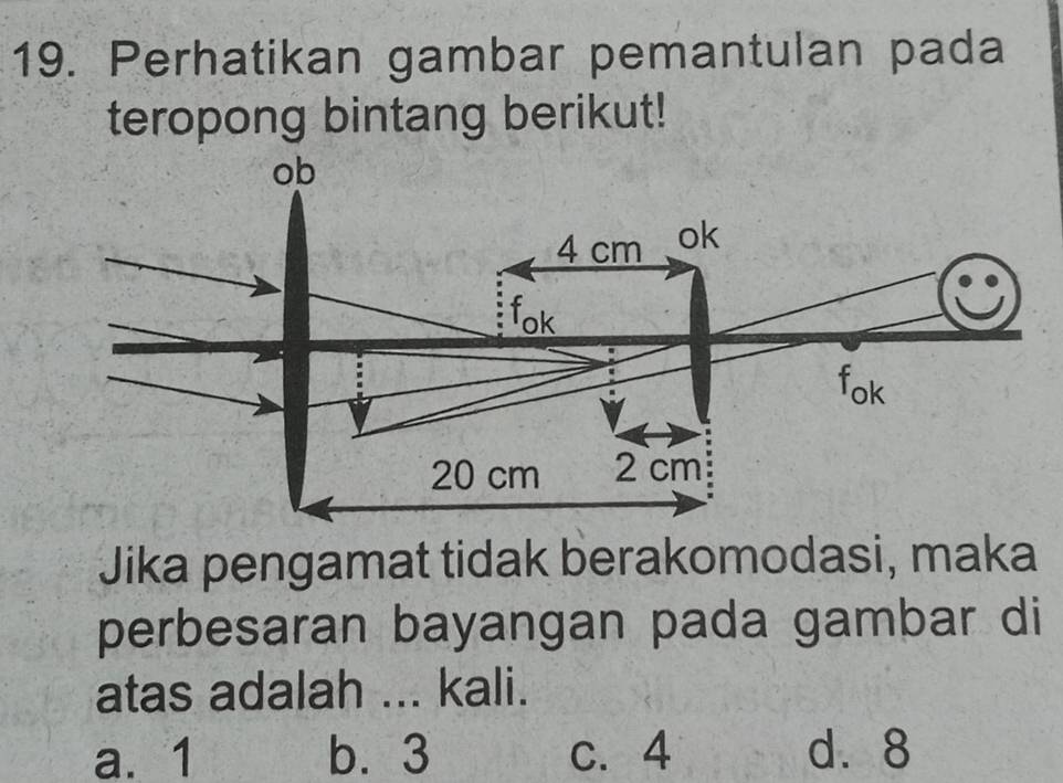 Perhatikan gambar pemantulan pada
teropong bintang berikut!
Jika pengamat tidak berakomodasi, maka
perbesaran bayangan pada gambar di
atas adalah ... kali.
a. 1 b. 3 c. 4 d⩾ 8