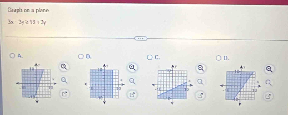 Graph on a plane.
3x-3y≥ 18+3y
A. 
B、 
C. 
D.