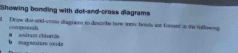 Showing bonding with dot-and-cross diagrams 
1 Draw dot-and-cross diagrams to describe how innic bonds are formed in the following 
compounds 
a sodium chloride 
b magnesium oxide