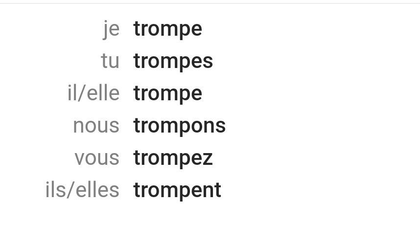 je trompe
tu trompes
il/elle trompe
nous trompons
vous trompez
ils/elles trompent