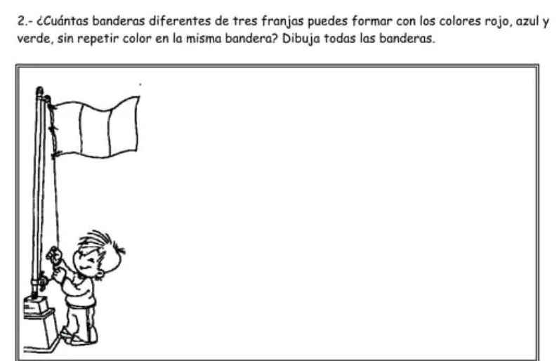 2.- ¿Cuántas banderas diferentes de tres franjas puedes formar con los colores rojo, azul y 
verde, sin repetir color en la misma bandera? Dibuja todas las banderas.