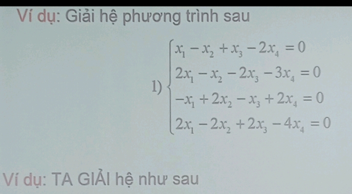 Ví dụ: Giải hệ phương trình sau 
1 beginarrayl x_1-x_2+x_3-2x_4=0 2x_1-x_2-2x_3=0 x_1+2x_2-x_3+2x_4=0 2x_1-2x_2+2x_3-4x_4=0endarray.
Ví dụ: TA GIẢI hệ như sau