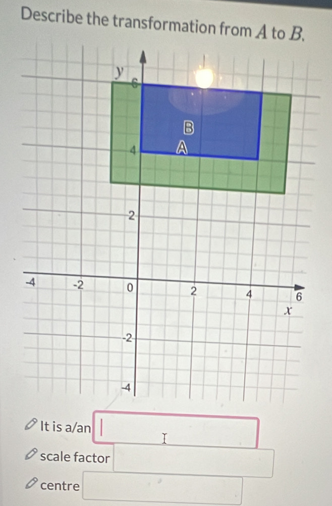 Describe the transformation from A to B. 
- 
It is a/an | (-frac 2x)^alpha /2 □  
scale factor 
·s ·s ∴ ∠ C_1AD_1∠ D □  
centre □ 