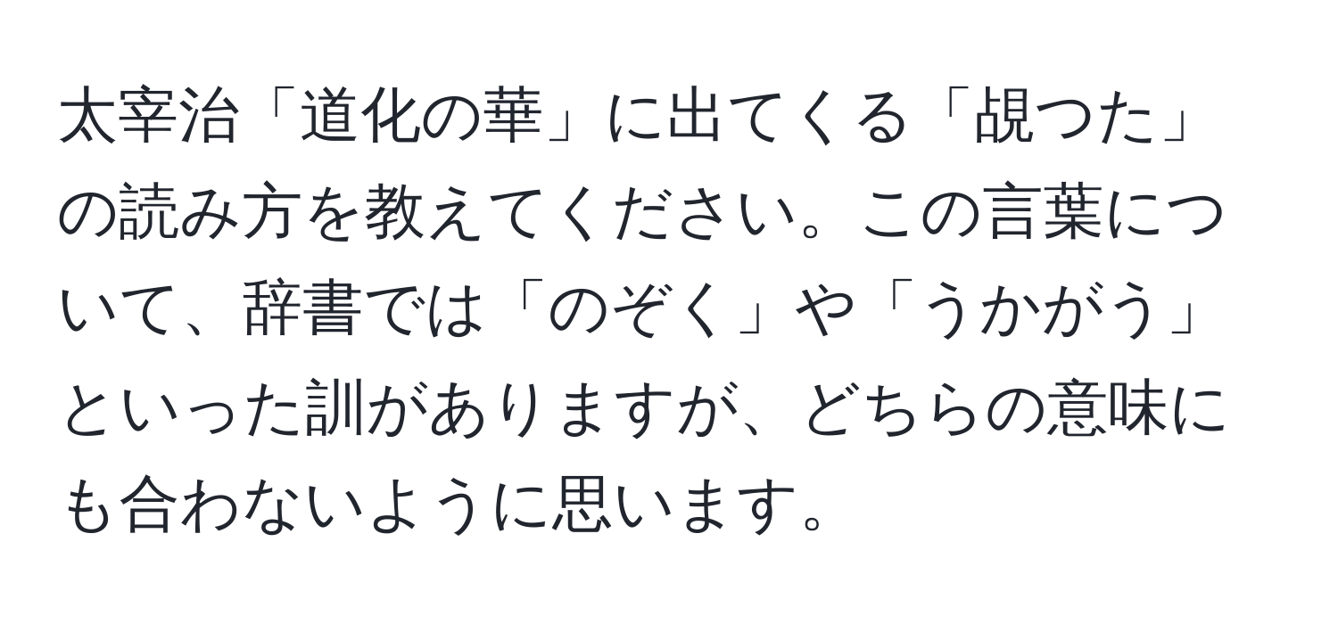 太宰治「道化の華」に出てくる「覘つた」の読み方を教えてください。この言葉について、辞書では「のぞく」や「うかがう」といった訓がありますが、どちらの意味にも合わないように思います。