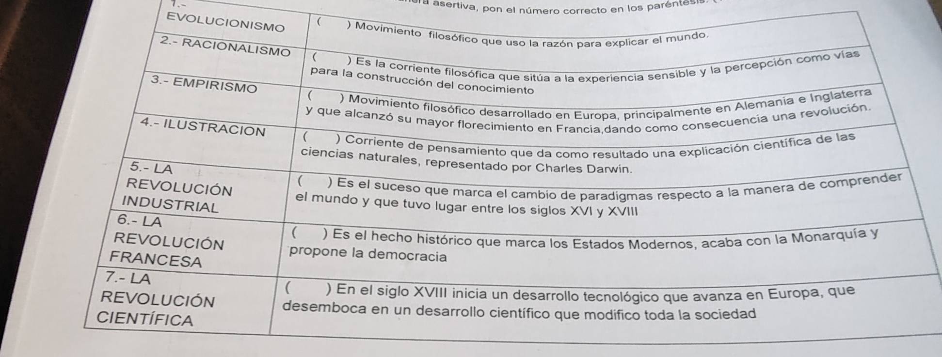 a asertiva, pon el número correcto en los paréntes 
EVO