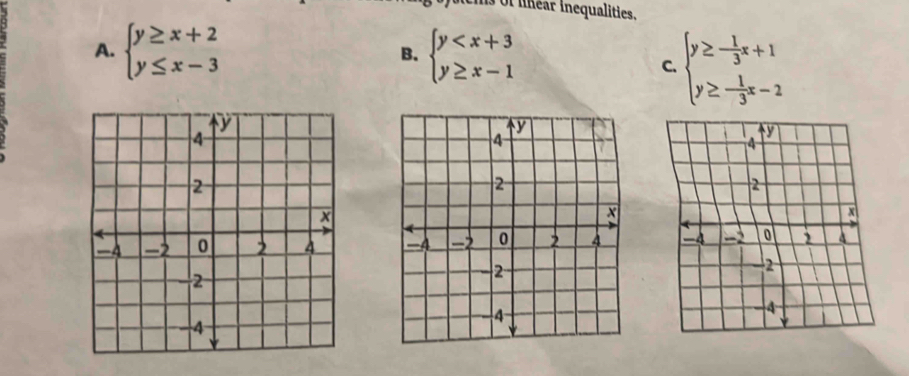 is of lnear inequalities.
A. beginarrayl y≥ x+2 y≤ x-3endarray. beginarrayl y
B.
C. beginarrayl y≥ - 1/3 x+1 y≥ - 1/3 x-2endarray.