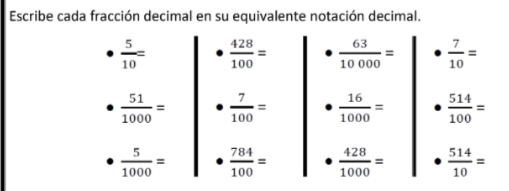 Escribe cada fracción decimal en su equivalente notación decimal.