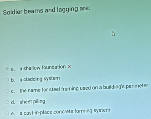Solved: Soldier beams and lagging are: a. a shallow foundation × b. a ...