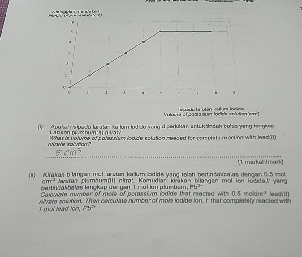 Ketinggian mendakan 
Height of precipitate(cm) 
Isipadu larutan kalium iodida 
Volume of potassium iodide solution (cm^3)
(i) Apakah isipadu larutan kalium iodide yang diperlukan untuk tindak balas yang lengkap 
Larutan plumbum(II) nitrat? 
What is volume of potassium iodide solution needed for complete reaction with lead(II) 
nitrate solution? 
[1 markah/mark] 
(ii) Kirakan bilangan mol larutan kalium iodide yang telah bertindakbalas dengan 0.5 mol
dm^(-3) larutan plumbum(II) nitrat. Kemudian kirakan bilangan mol ion iodida,I" yang 
bertindakbalas lengkap dengan 1 mol ion plumbum, Pb^(2+)
Calculate number of mole of potassium iodide that reacted with 0.5moldm^(-3) lead(II) 
nitrate solution. Then calculate number of mole iodide ion, I that completely reacted with
1 mol lead ion, Pb^(2+)