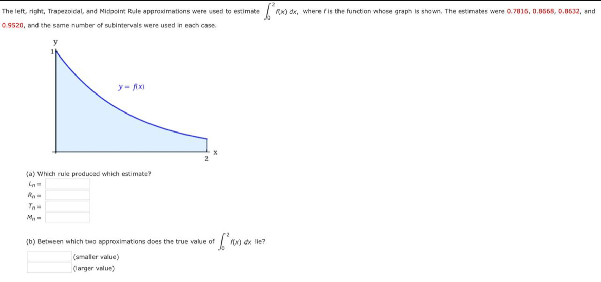 The left, right, Trapezoidal, and Midpoint Rule approximations were used to estimate ∈t _0^(2f(x)dx, , where f is the function whose graph is shown. The estimates were 0.7816, 0.8668, 0.8632, and
0.9520, and the same number of subintervals were used in each case.
(a) Which rule produced which estimate?
L_n)=□
R_n=□
T_n= |
M_n=□
(b) Between which two approximations does the true value of ∈t _0^(2f(x)dx lie?
(smaller value)
frac □)□  (larger value)