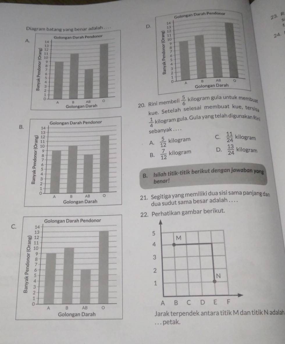 Diagram batang yang benar adalah . -- -
D.
t
24.
A.
20. Rini membeli  5/6  kilogram gula untuk membua
kue. Setelah selesai membuat kue, tersis
kilogram gula. Gula yang telah digunakan Rin
 1/4 
B.
sebanyak . . . .
A.  5/12  kilogram C.  11/24  kilogram
B.  7/12  kilogram D.  13/24  kilogram
B. Isilah titik-titik berikut dengan jawaban yang
benar!
21. Segitiga yang memiliki dua sisi sama panjang dan
dua sudut sama besar adalah . . . .
22. Perhatikan gambar berikut.
C.
5
M
4
3
2
N
1
A B C D E F
Jarak terpendek antara titik M dan titik N adalah
. . . petak.