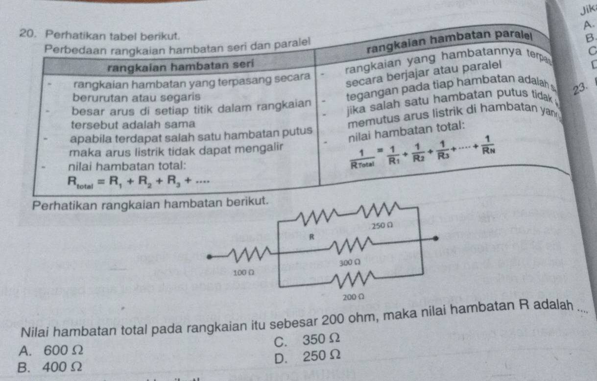 Jiki
A.
20. Perhatikan tabel berikut.
Perbedaan rangkaian hambatan seri dan paralel
rangkaian hambatan paralel B
rangkaian hambatan seri
rangkaian hambatan yang terpasang secara rangkaian yang hambatannya terpa C
secara berjajar atau paralel
berurutan atau segaris
besar arus di setiap titik dalam rangkaian - tegangan pada tiap hambatan adalah s 23.
jika salah satu hambatan putus tidak .
tersebut adalah sama
apabila terdapat salah satu hambatan putus memutus arus listrik di hambatan yan 
nilai hambatan total:
maka arus listrik tidak dapat mengalir
nilai hambatan total:
frac 1R_Total=frac 1R_1+frac 1R_2+frac 1R_3+·s +frac 1R_N
R_total=R_1+R_2+R_3+... 
Perhatikan rangkaian h
Nilai hambatan total pada rangkaian itu sebesar 200 ohm, maka nilai hambatan R adalah 、
C. 350 Ω
A. 600 Ω
D. 250Ω
B. 400Ω