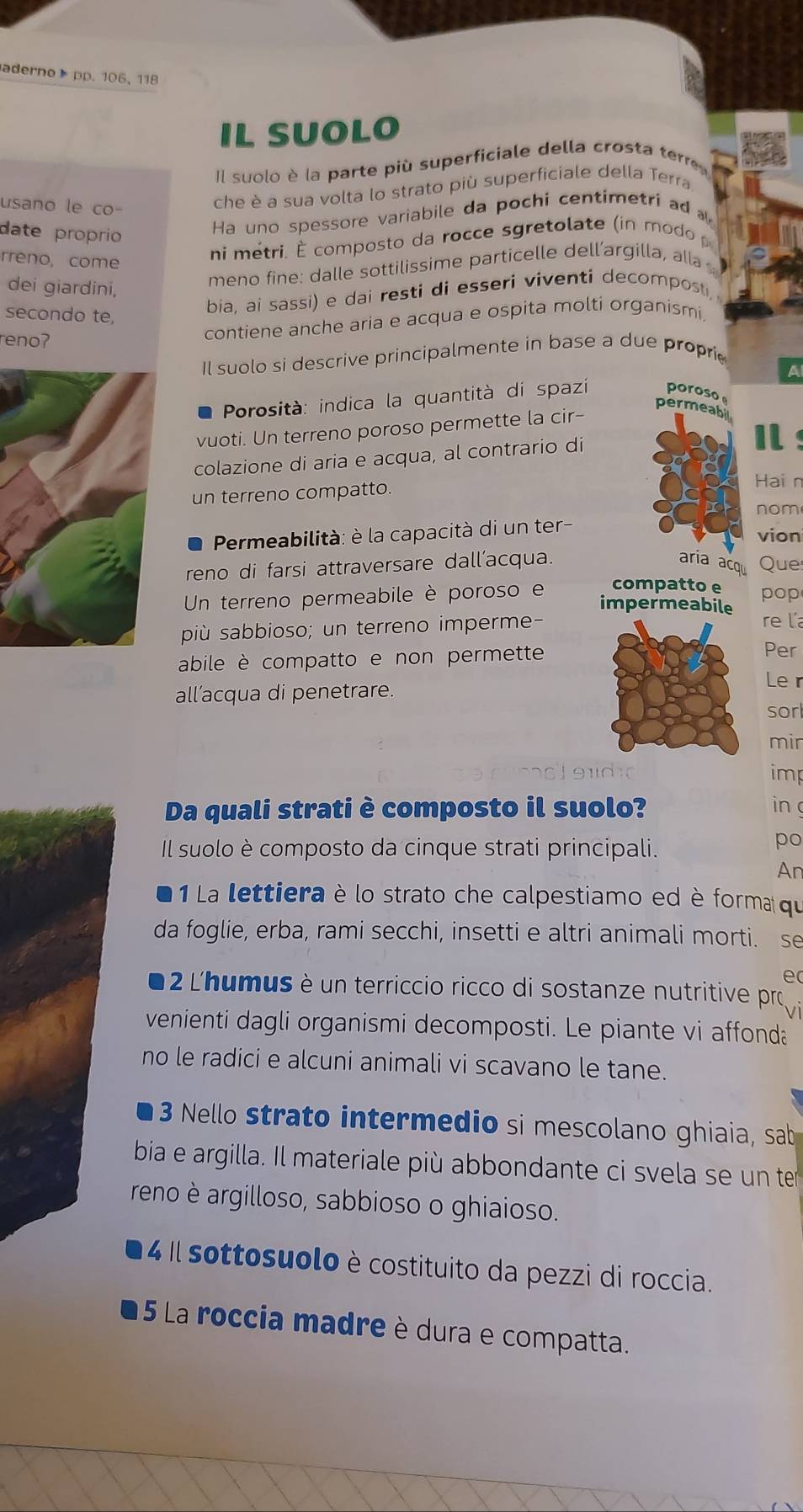 aderno pp. 106, 118
IL SUOLO
Il suolo è la parte più superficiale della crosta tere
usano le co-
che è a sua volta lo strato più superficiale della Terra
date proprio
Ha uno spessore variabile da pochi centimetri a 
rreno, come
ni métri. É composto da rocce sgretolate (in modo p
dei giardini,
meno fine: dalle sottilissime particelle dell’argilla, alla 
secondo te,
bia, ai sassi) e dai resti di esseri viventi decomposti,
renoʔ
contiene anche aria e acqua e ospita molti organismi.
Il suolo si descrive principalmente in base a due proprie
Porosità: indica la quantità di spazi poroso e
permeabil
vuoti. Un terreno poroso permette la cir-
colazione di aria e acqua, al contrario di
un terreno compatto.
Hai n
nom
Permeabilità: è la capacità di un ter-
vion
aria acqu
reno di farsi attraversare dall’acqua. Que
Un terreno permeabile è poroso e compatto e pop
impermeabile
più sabbioso; un terreno imperme
re l´a
abile è compatto e non permette
Per
Le r
all’acqua di penetrare.
sorl
mir
       
imp
Da quali strati è composto il suolo? in c
Il suolo è composto da cinque strati principali.
po
An
1 La lettiera è lo strato che calpestiamo ed è forma qu
da foglie, erba, rami secchi, insetti e altri animali morti. se
e
2 L'humus è un terriccio ricco di sostanze nutritive prvi
venienti dagli organismi decomposti. Le piante vi affonda
no le radici e alcuni animali vi scavano le tane.
3 Nello strato intermedio si mescolano ghiaia, sab
bia e argilla. Il materiale più abbondante ci svela se un ter
reno è argilloso, sabbioso o ghiaioso.
4  sottosuolo è costituito da pezzi di roccia.
5 La roccia madre è dura e compatta.