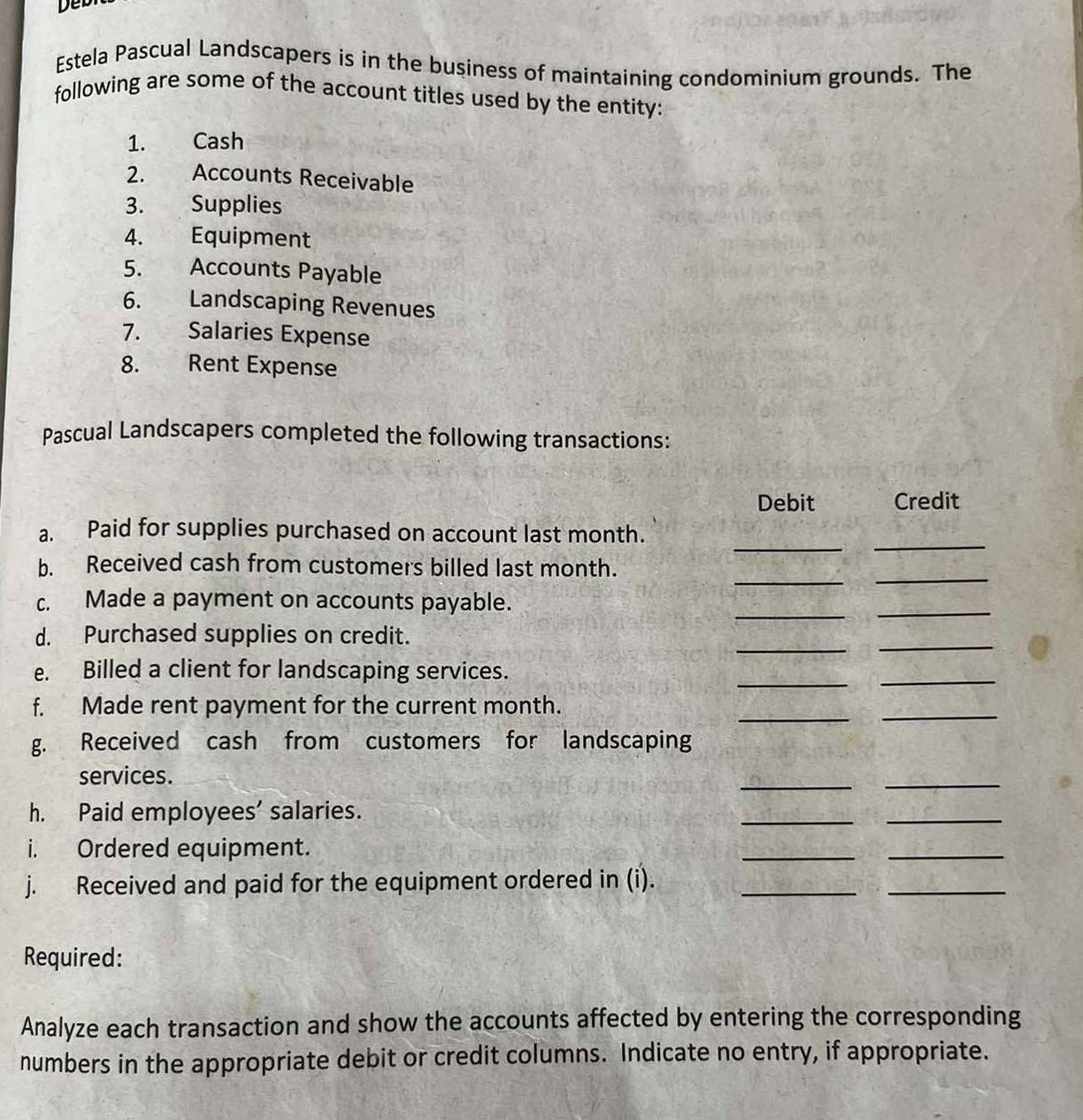 Deb 
Estela Pascual Landscapers is in the business of maintaining condominium grounds. The 
following are some of the account titles used by the entity: 
1. Cash 
2. Accounts Receivable 
3. Supplies 
4. Equipment 
5. Accounts Payable 
6. Landscaping Revenues 
7. Salaries Expense 
8. Rent Expense 
Pascual Landscapers completed the following transactions: 
Debit Credit 
__ 
a. Paid for supplies purchased on account last month. 
_ 
_ 
b. Received cash from customers billed last month. 
_ 
c. Made a payment on accounts payable. 
_ 
_ 
d. Purchased supplies on credit. 
_ 
_ 
e. Billed a client for landscaping services. 
_ 
_ 
f. Made rent payment for the current month. 
_ 
g. Received cash from customers for landscaping 
services. 
__ 
h. Paid employees’ salaries. 
__ 
i. Ordered equipment. 
__ 
j. Received and paid for the equipment ordered in (i)._ 
_ 
Required: 
Analyze each transaction and show the accounts affected by entering the corresponding 
numbers in the appropriate debit or credit columns. Indicate no entry, if appropriate.