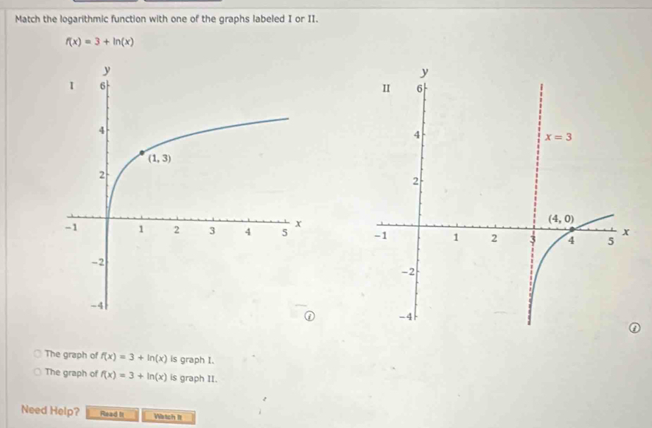 Match the logarithmic function with one of the graphs labeled I or II.
f(x)=3+ln (x)

The graph of f(x)=3+ln (x) is graph I.
The graph of f(x)=3+ln (x) is graph II.
Need Help? Read I1 Watch II