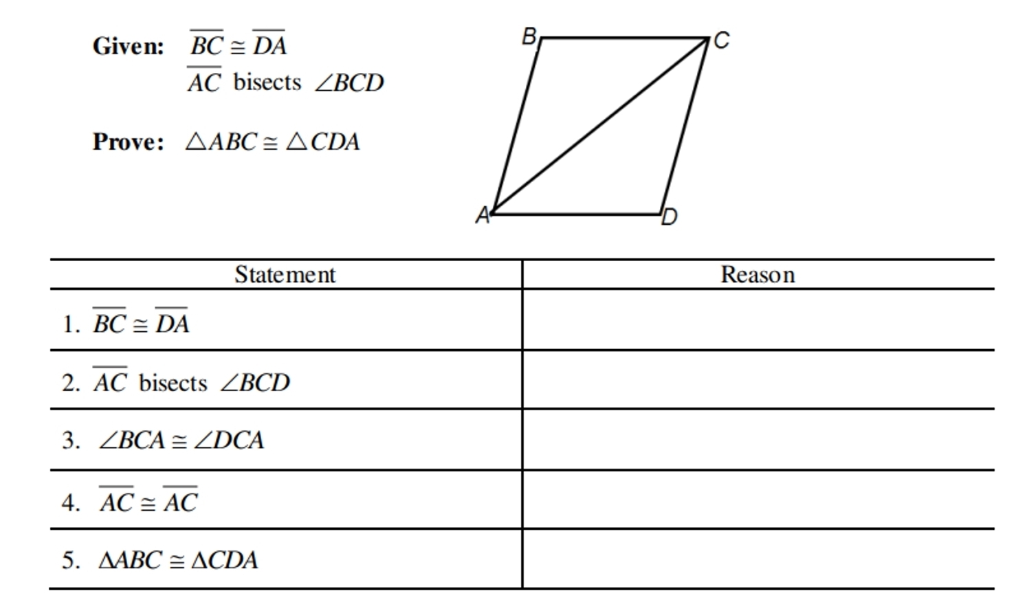 Given: overline BC≌ overline DA
overline AC bisects ∠ BCD
Prove: △ ABC≌ △ CDA