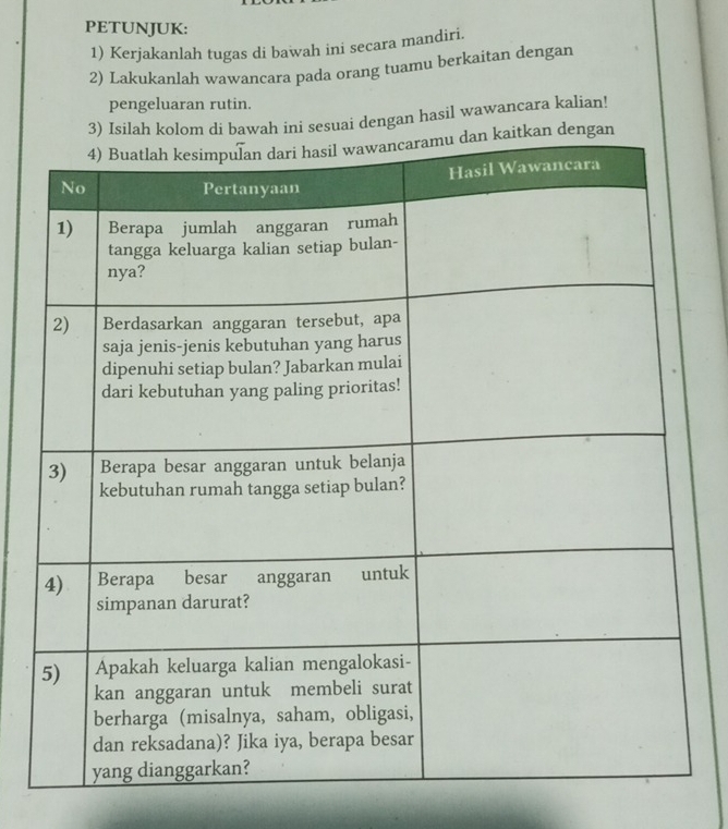 PETUNJUK: 
1) Kerjakanlah tugas di bawah ini secara mandiri. 
2) Lakukanlah wawancara pada orang tuamu berkaitan dengan 
pengeluaran rutin. 
i dengan hasil wawancara kalian!