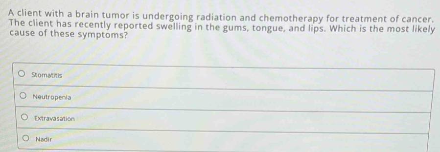 Solved: A client with a brain tumor is undergoing radiation and ...