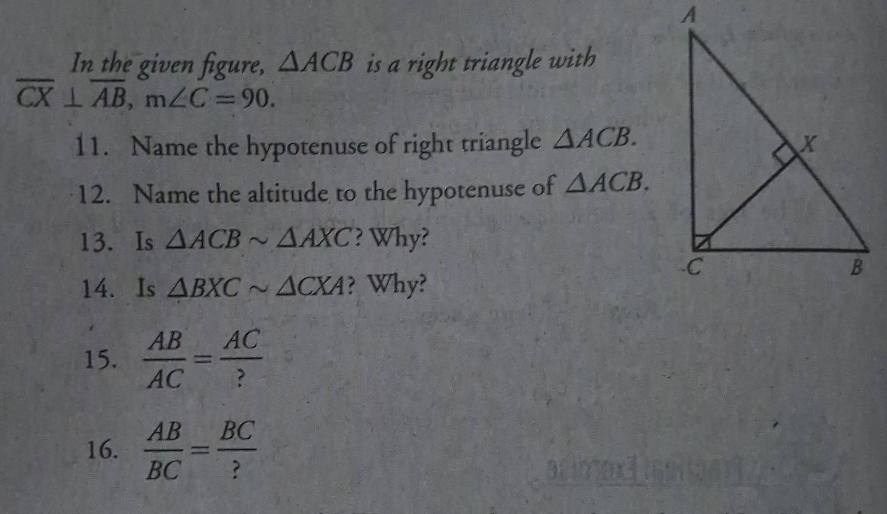 In the given figure, △ ACB is a right triangle with
overline CX⊥ overline AB, m∠ C=90. 
11. Name the hypotenuse of right triangle △ ACB. 
12. Name the altitude to the hypotenuse of △ ACB. 
13. Is △ ACBsim △ AXC ? Why? 
14. Is △ BXCsim △ CXA ? Why? 
15.  AB/AC = AC/? 
16.  AB/BC = BC/? 