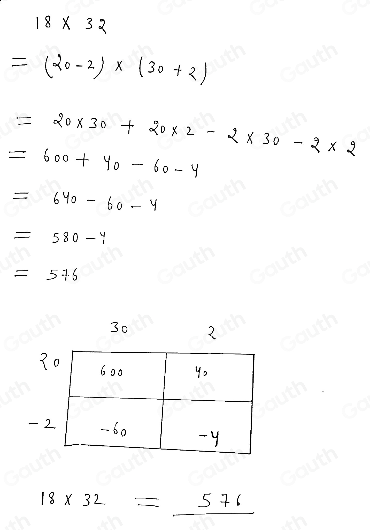 18* 32
=(20-2)* (30+2)
=20* 30+20* 2-2* 30-2* 2
=600+y_0-60-y
=640-60-4
=580-4
=576
30
2 
-
18* 32=_ 576
Table 1: []