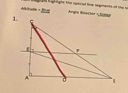 ulagram highlight the special line segments of the tr 
Altitude = Blue Angle Bisector = Green