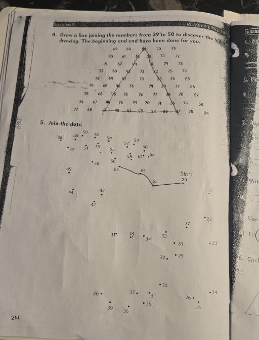 Feor-for 2 
(4) (3) (4) 
4. Draw a line joining the numbers from 29 to 50 to discover the hid 
drawing. The beginning and end have been done for you.
69 60 70 75
70 61 50 30 73 72
71 62 yq 31 74 73
72 63 4 8 73 92 75 74
73 6/4 73 be 76 55 Tể
74 65 46 76 74 34 77 56
75 66 45 75 76 77 35 78 57
76 67 44 78 79 70 71 36 74 5B
77 68 43 42 40 39 31 97 75 59
5. Join the dots:
50
48 49 52
47 51 53 57 59
55 60
56
5overset -8 61° 62
45
45 63 64
Start
65 20
Writ
44 43
21
4dot 2
* 22 Use
27
41 * 3ª 34 33
15
28 。 23
32 29
6. Circl 
α) 
●30
40 37 31 26 ●24
35
39
25
36
214