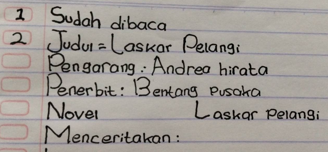 Sudah dibaca 
2 Judu=Laskar Pelangi 
Pengarang: Andrea hirata 
Penerbit: Bentang pusaka 
Nover Laskar Pelangi 
Menceritakan: