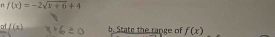 f(x)=-2sqrt(x+6)+4
of f(x)
b. State the range of f(x)