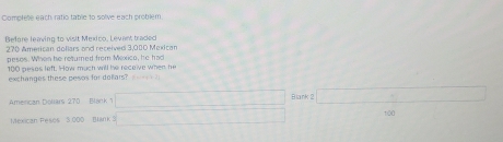 Compfele each ratio tablie to solive each problem 
Before leaving to visit Mexico, Levant tradec
270 American dollars and received 3,000 Mexican 
pesos. When he returned from Mexico, he had
100 peses left. How much will he receive when he 
exchanges these pesos for dollars? _ 
American Dollars 270 Bank 1 □ Blark 2 _ =_  
Mexican Pesos 3 000 Bank 3 100.7^(-0.8x^-)+(-1.8)(-1.8) 100