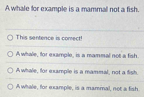 A whale for example is a mammal not a fish.
This sentence is correct!
A whale, for example, is a mammal not a fish.
A whale, for example is a mammal, not a fish.
A whale, for example, is a mammal, not a fish.