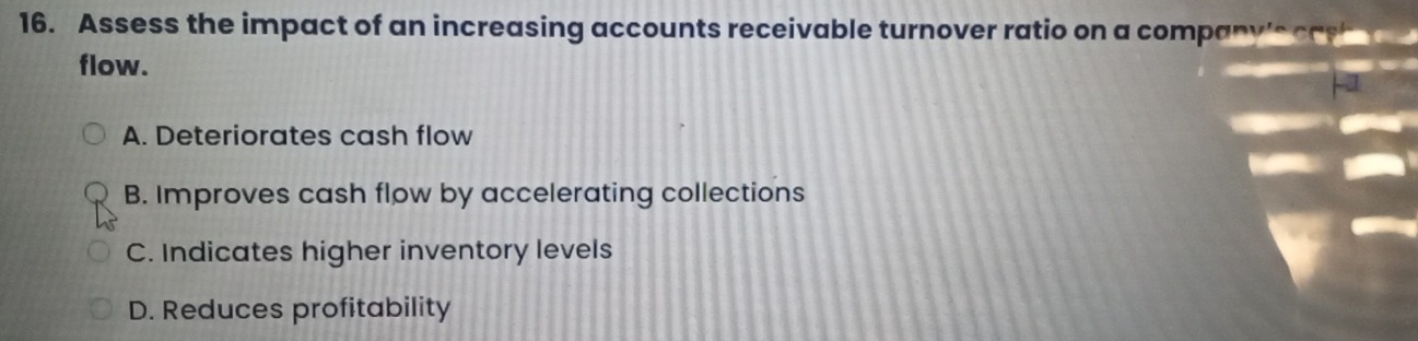 Assess the impact of an increasing accounts receivable turnover ratio on a company's cast e 
flow.
A. Deteriorates cash flow
B. Improves cash flow by accelerating collections
C. Indicates higher inventory levels
D. Reduces profitability