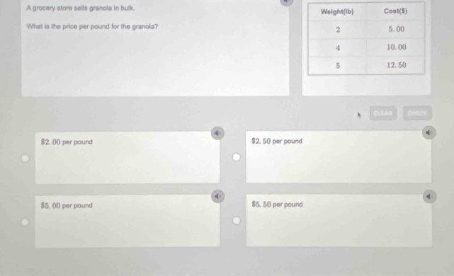 A grocery store sells granola in bulk. 
What is the price per pound for the granola? 
CLZAR CHECK
$2. 00 per pound $2. 50 per pound
$5. 00 per pound $5. 50 per pound