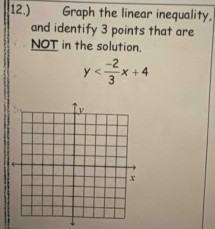 12.) Graph the linear inequality, 
and identify 3 points that are 
NOT in the solution.
y