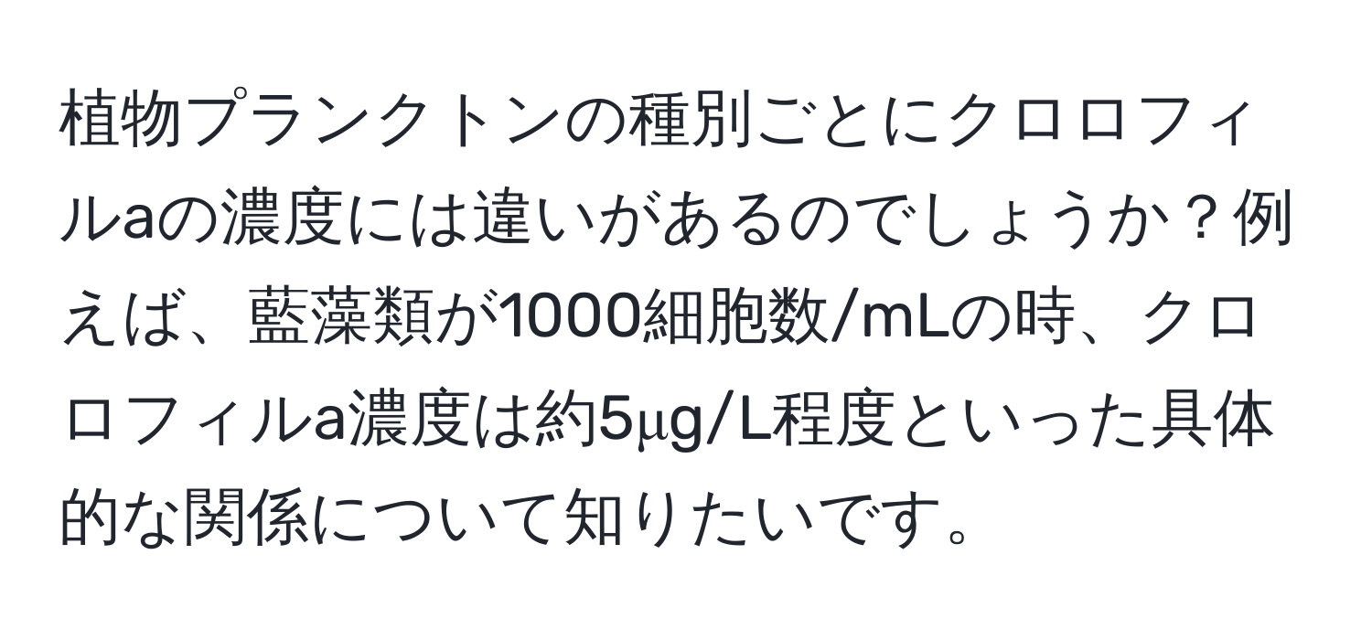 植物プランクトンの種別ごとにクロロフィルaの濃度には違いがあるのでしょうか？例えば、藍藻類が1000細胞数/mLの時、クロロフィルa濃度は約5μg/L程度といった具体的な関係について知りたいです。