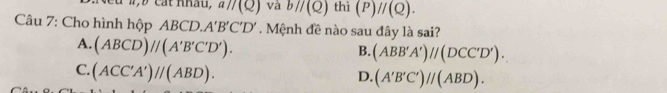 eu 1,b cát Khâu, aparallel (Q) và bparallel (Q) thì (P)//(Q). 
Câu 7: Cho hình hộp ABCD. A'B'C'D'. Mệnh đề nào sau đây là sai?
A. (ABCD)//(A'B'C'D').
B. (ABB'A')parallel (DCC'D').
C. (ACC'A')//(ABD).
D. (A'B'C')//(ABD).