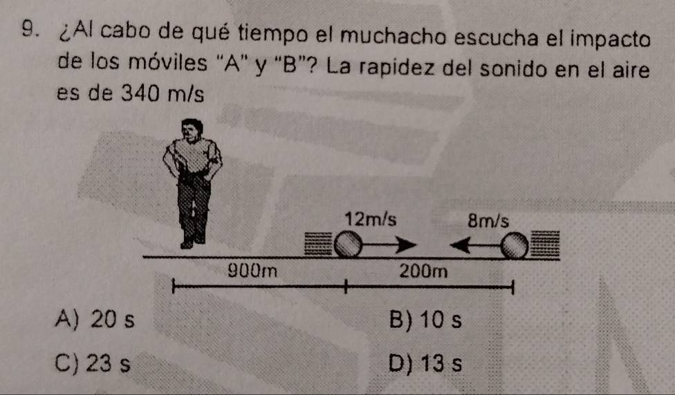 ¿Al cabo de qué tiempo el muchacho escucha el impacto
de los móviles “A' y “ B ”? La rapídez del sonido en el aire
es de 340 m/s
A) 20 s B) 10 s
C) 23 s D) 13 s