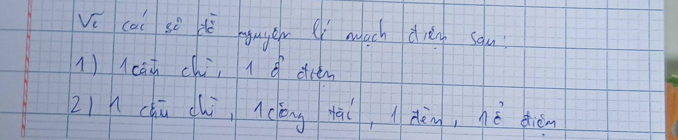 vi cai se dè ngugen l mach dièn squ 
1)1cat chí, l drèm 
Lìchū chì, nclōng yài, dèn, hè diàm