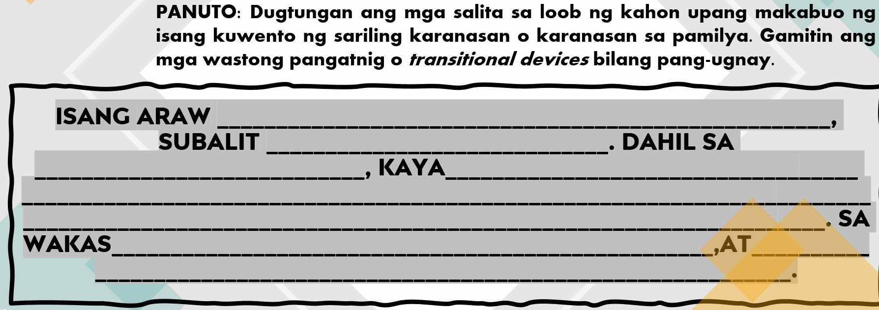 PANUTO: Dugtungan ang mga salita sa loob ng kahon upang makabuo ng ...
