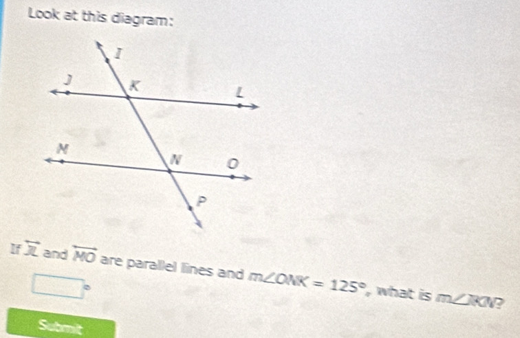 Look at this diagram:
If overleftrightarrow x and overleftrightarrow MO are parallel lines and m∠ ONK=125°
□°
, what is m∠ JRN B
Submilt