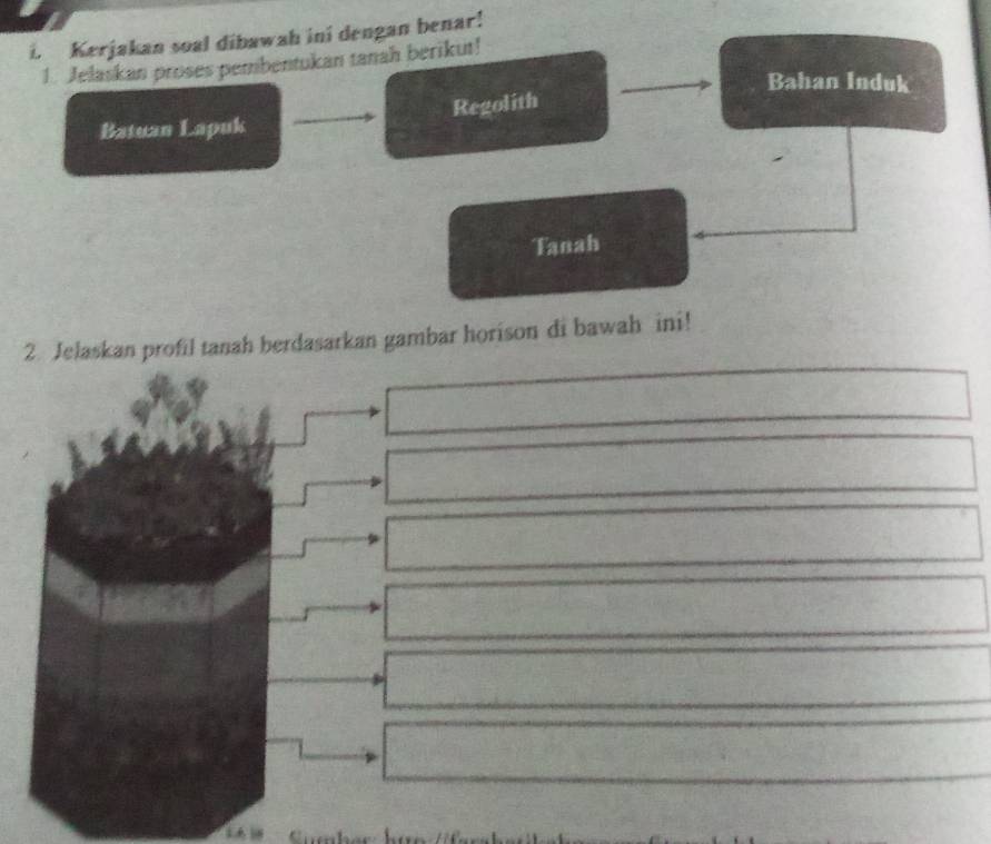 Kerjakan soal dibawah ini dengan benar! 
1. Jelaskan proses pembentukan tanah berikut! 
Bahan Induk 
Regolith 
Batuan Lapuk 
Tanah 
2. Jelaskan profil tanah berdasarkan gambar horison di bawah ini!