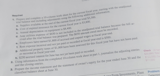 Prepare and complete a 10 -column work sheet for the current fiscal year, starting with the unadjusted 
Required 
trial balance and including adjustments using the following additional information. 
m. Supplies available at the end of the current fiscal year total $3,300. 
b. Cost of expired insurance for the current fiscal year is $3,800. 
d. June utilities expense of $650 is not included in the unadjusted trial balance because the bill ar- 
e. Annual depreciation on equipment is $8,400. 
rived after the trial balance was prepared. The $650 amount owed must be recorded. 
e. Employees have earned $1,800 of accrued and unpaid wages at fiscal year-end, 
f. Rent expense incurred and not yet paid or recorded at fiscal year-end is $500. 
0. Additional property taxes of $1,000 have been assessed for this fiscal year but have not been paid 
or recorded at fiscal year-end. 
2. Using information from the completed 10 -column work sheet in part 1, journalize the adjusting entries h. $250 accrued interest for June has not yet been paid or recorded. Check (3) Na $30.890 Totai 
3. Prepare the income statement and the statement of owner's equity for the year ended June 30 and the $122,550, Cu $11,000
and the closing entries. 
classified balance sheet at June 30. 
n Term Investments, Plant Problem etermin