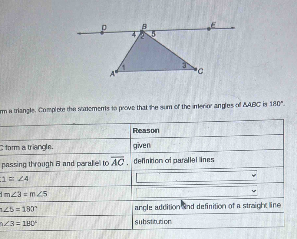 rm a triangle. Complete the statements to prove that the sum of the interior angles of △ ABC is 180°.
C 
p
Y