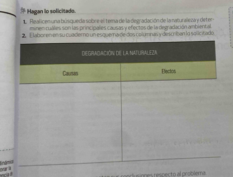 Hagan lo solicitado. 
1 Realicen una búsqueda sobre el tema de la degradación de la naturaleza y deter- 
minen cuáles son las principales causas y efectos de la degradación ambiental. 
2. Elaboren en su cuaderno un esquema de dos columnas y describan lo solicitado 
Tinám 
orar 
cniones respecto al problema