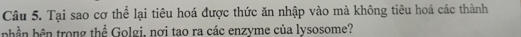Tại sao cơ thể lại tiêu hoá được thức ăn nhập vào mà không tiêu hoá các thành 
phần bên trong thể Golgi, nơi tao ra các enzyme của lysosome?