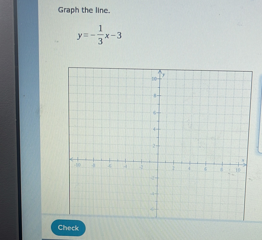 Graph the line.
y=- 1/3 x-3
Check