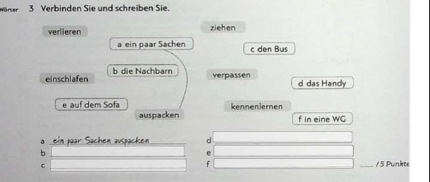 Wörter 3 Verbinden Sie und schreiben Sie.
verlieren ziehen
a ein paar Sachen c den Bus
b die Nachbarn
einschlafen verpassen d das Handy
e auf dem Sofa kennenlernen
auspacken f in eine WG
_a
d
_b
e
f
C __/5 Punkte